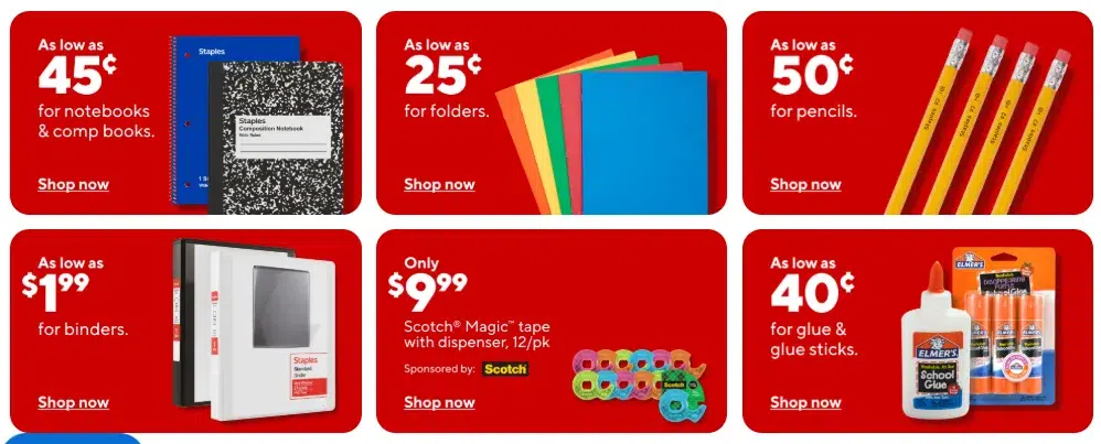 Back-to-school supplies sale: notebooks, pencils, binders, glue.