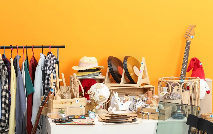 Variety of second-hand items in orange room.
