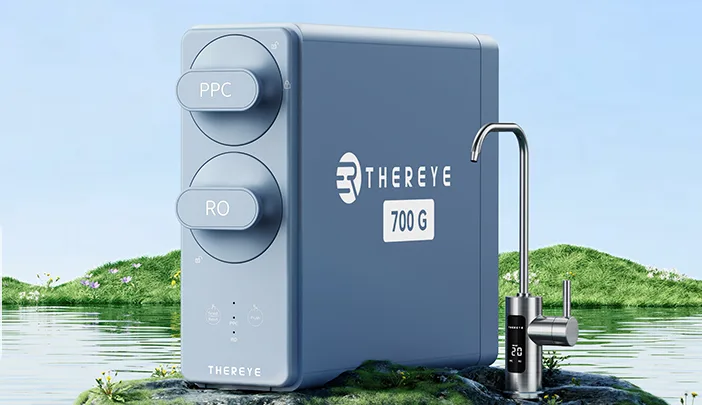 Water purifier system near a serene water landscape.