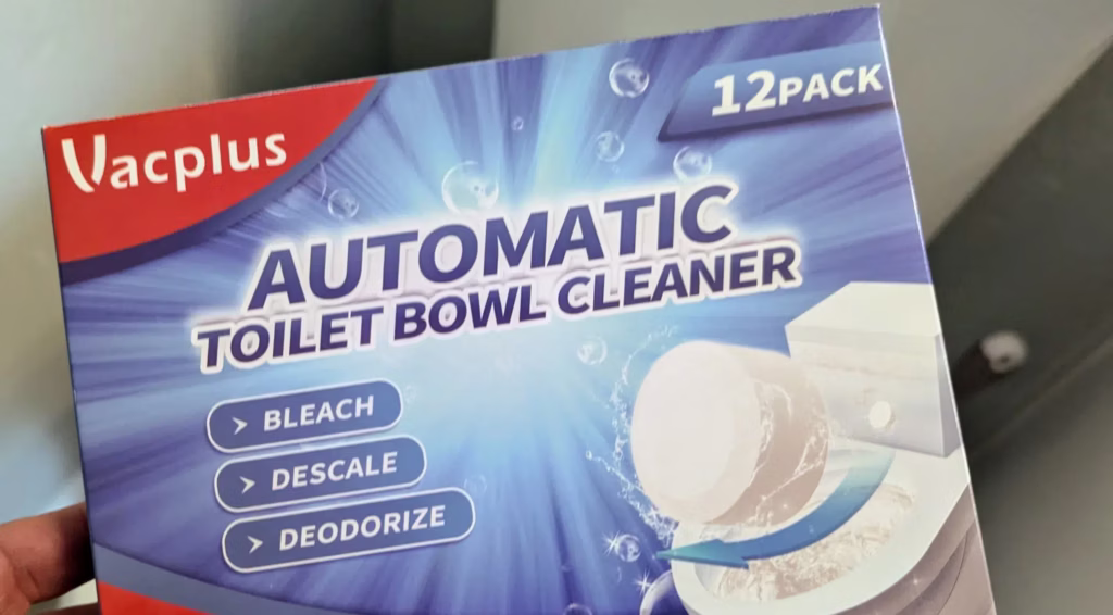 Toilet bowl cleaner package with bleach tablets.