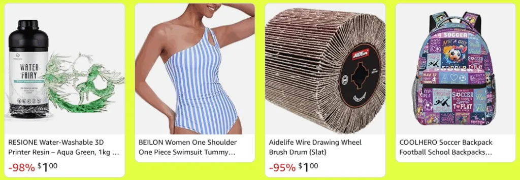 Various discounted products including swimsuit and backpack.