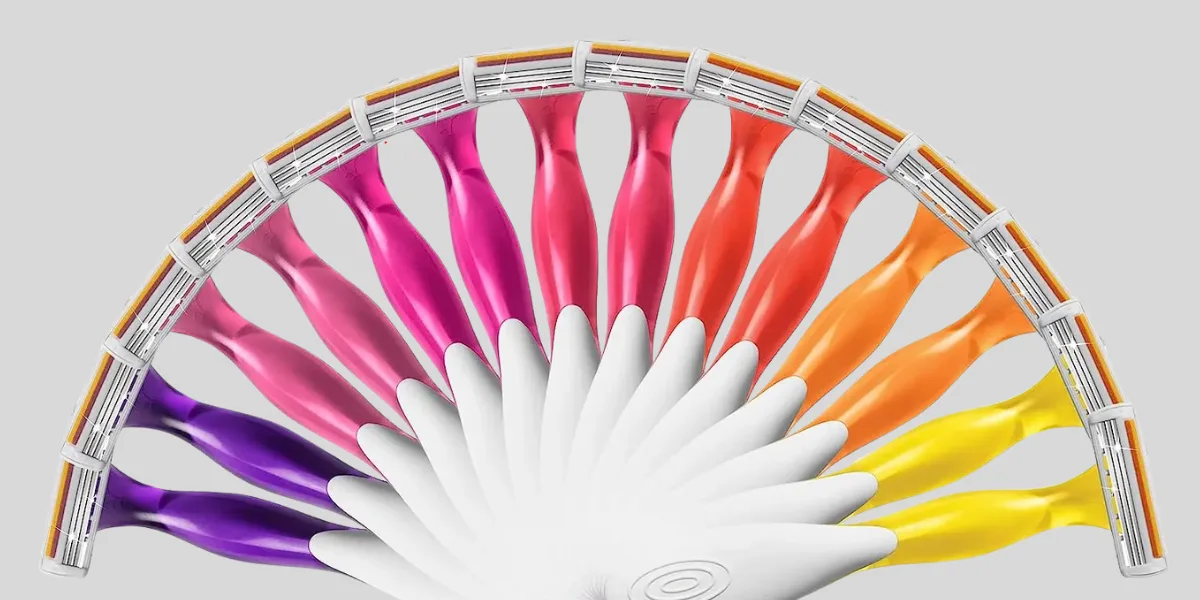 Colorful razor handles fanned in rainbow pattern.