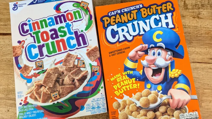 Cinnamon Toast Crunch and Peanut Butter Crunch cereals.