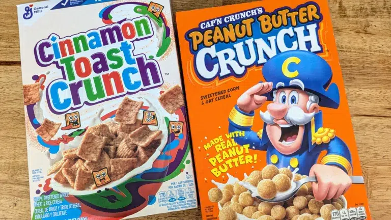 Cinnamon Toast Crunch and Peanut Butter Crunch cereals.