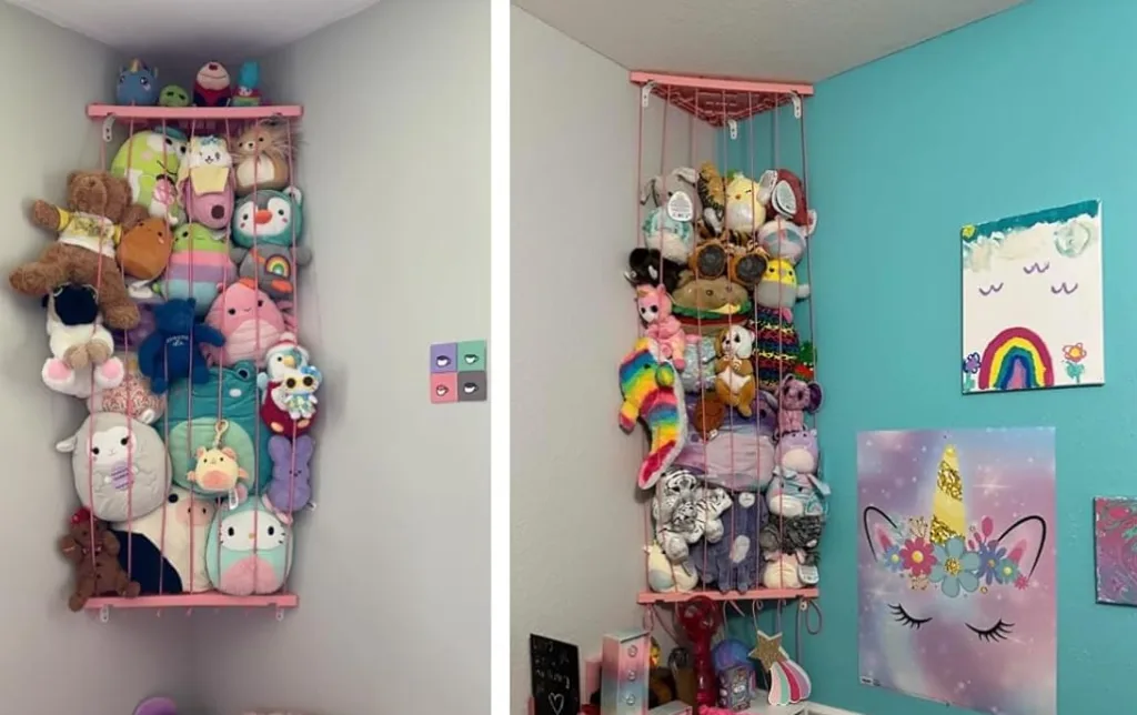 Stuffed animals organized in corner wall storage.