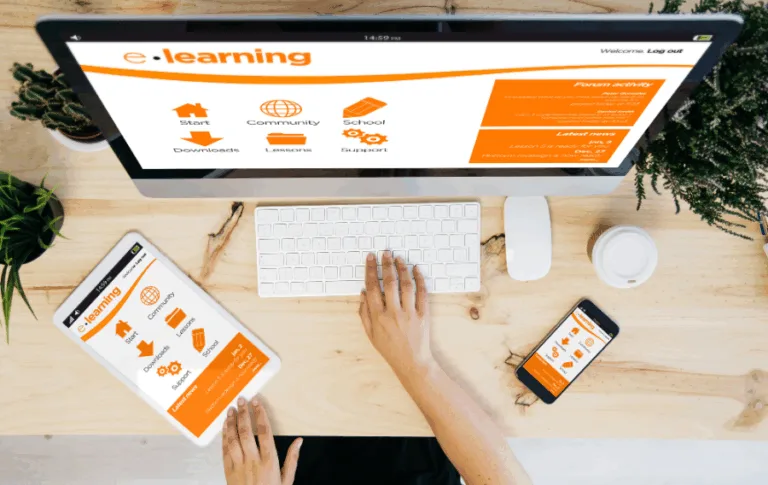 E-learning platform on tablet, phone, and computer monitor.