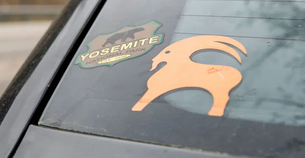 Car window with Yosemite National Park sticker.