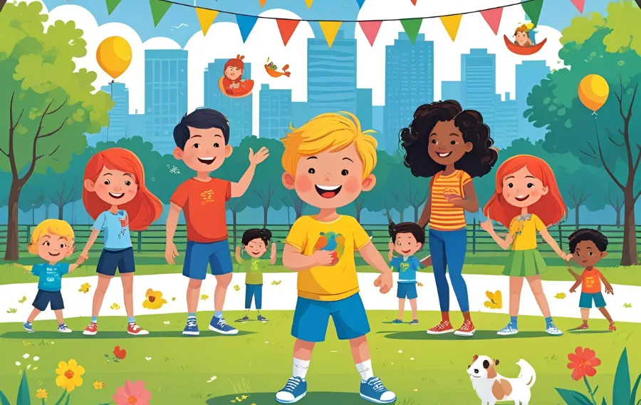 Happy children playing in colorful park illustration.