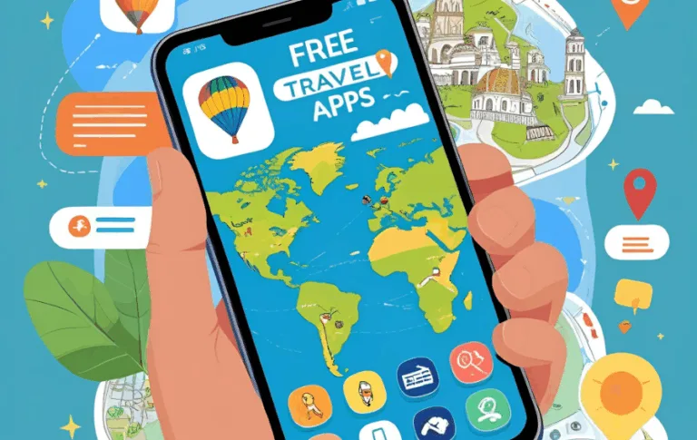 Smartphone displaying free travel apps with world map.
