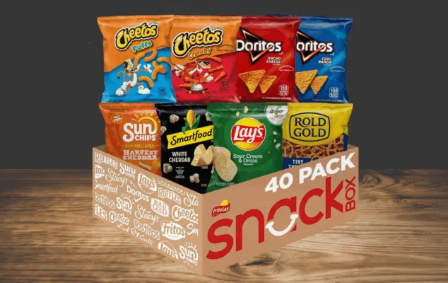 Assorted snack packs in a Frito-Lay box.