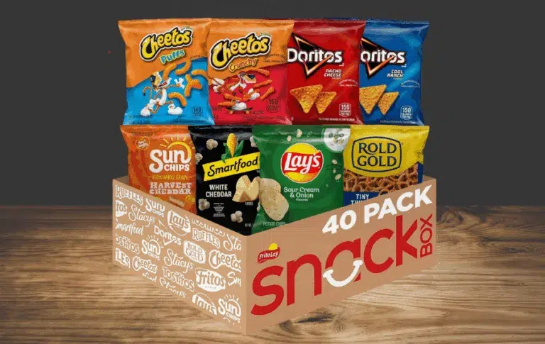Assorted snack packs in a Frito-Lay box.