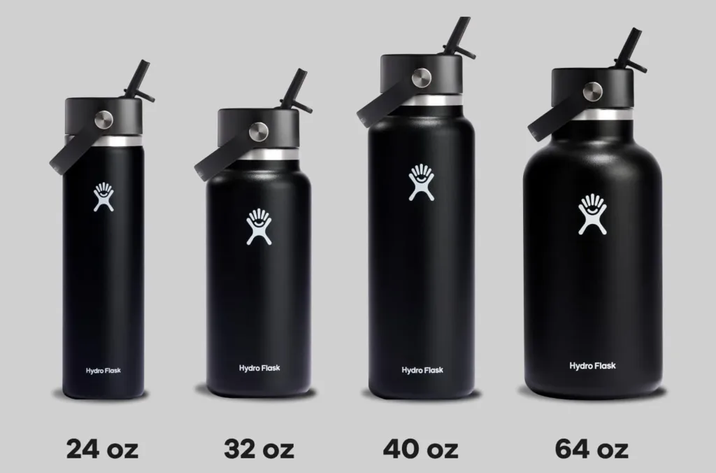Four black Hydro Flask bottles, different sizes: 24-64 oz.