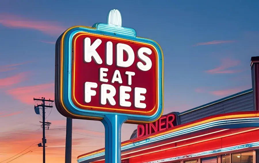 Sign advertising kids eat free at diner