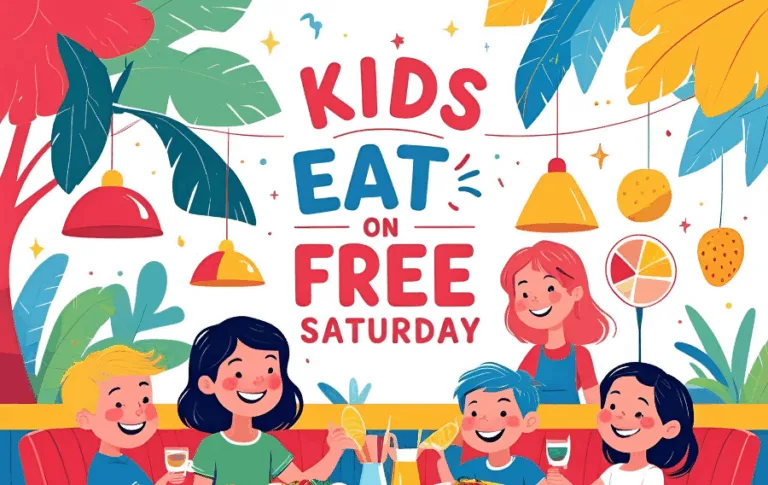 Kids eat free on Saturday event poster.