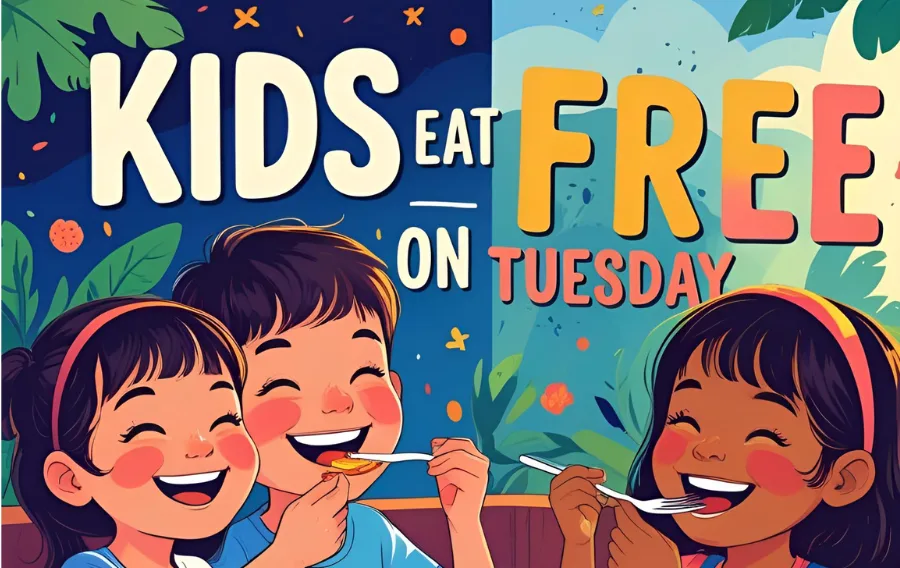 Kids eat free on Tuesday promotion illustration.