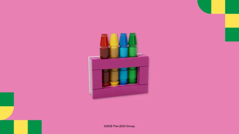 Colorful LEGO crayons on pink background