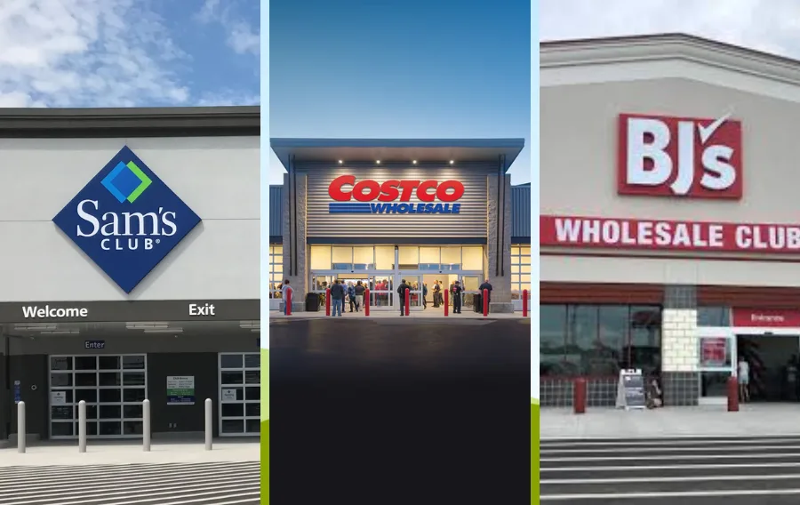 Sam's Club, Costco, BJ's Wholesale store fronts