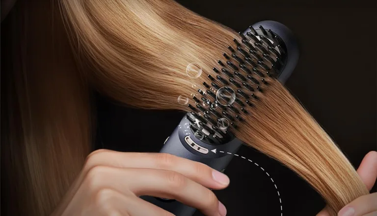 Hairbrush styling blonde hair with bubbles