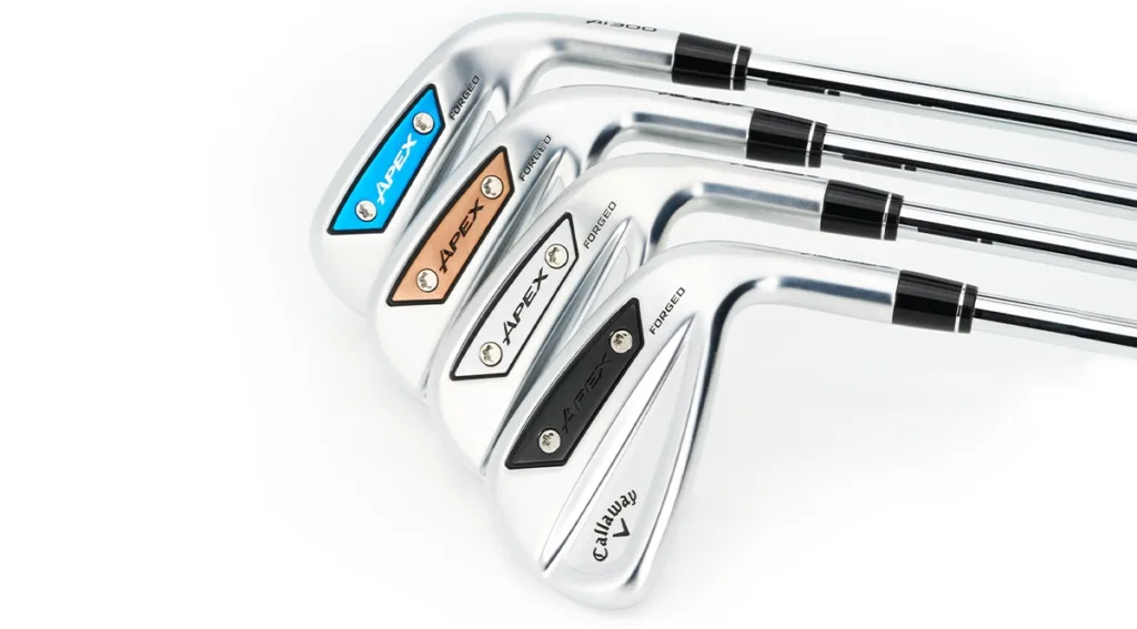 Four golf clubs with colorful Apex logos