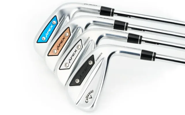 Four golf clubs with colorful Apex logos