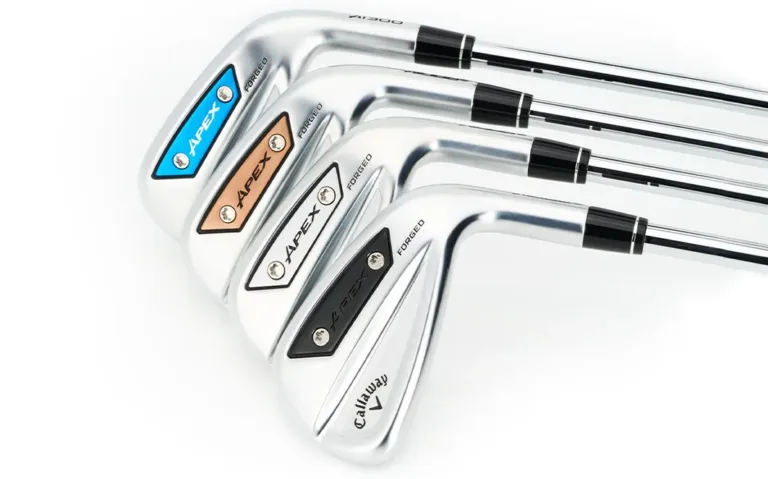 Four golf clubs with colorful Apex logos