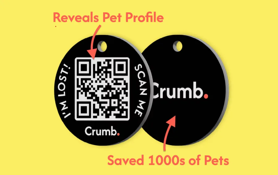 Crumb pet tag with QR code saves lost pets.