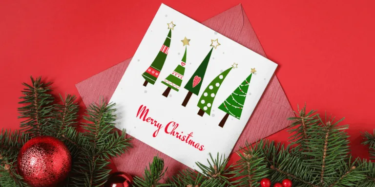 Christmas card with trees and Merry Christmas text