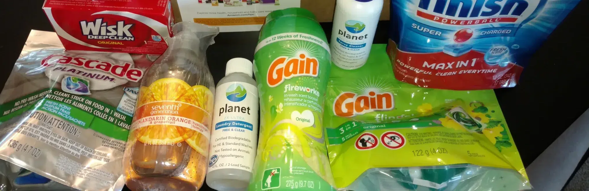 Amazon box with assorted cleaning products samples