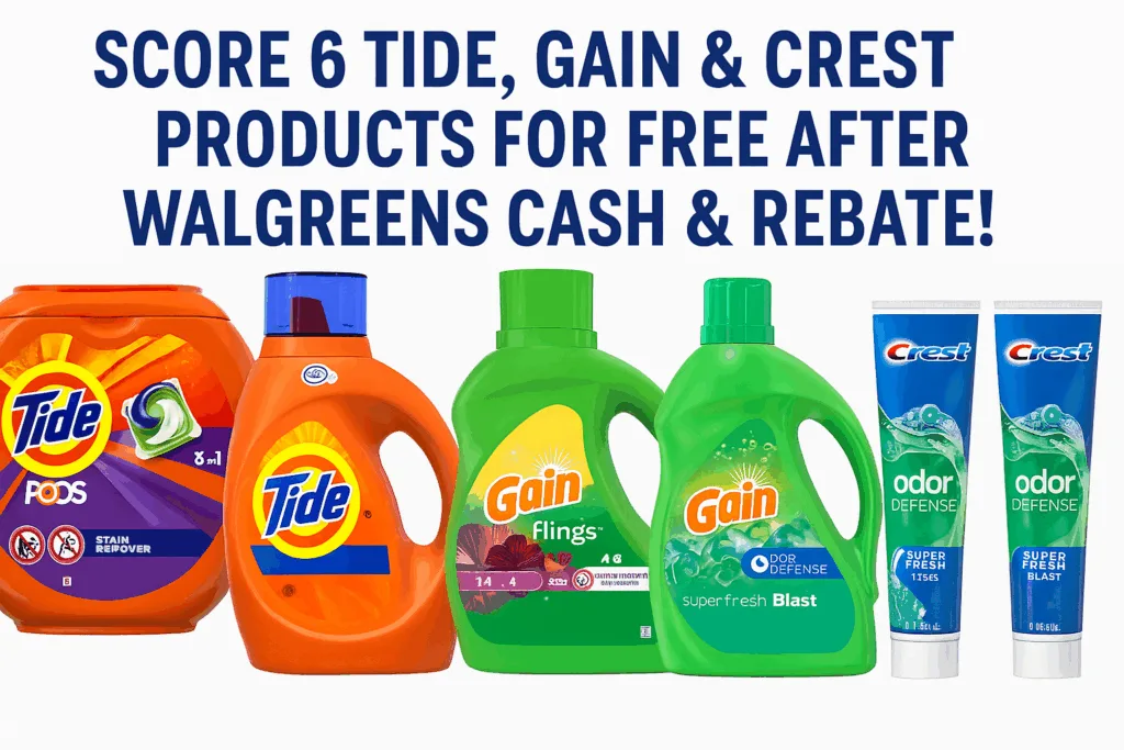 Tide, Gain, Crest products at Walgreens free after rebate.