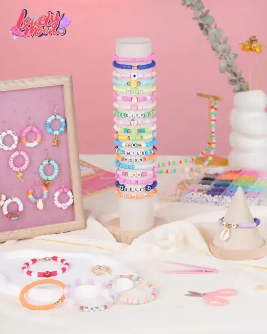 Colorful handmade bracelets and earrings display.