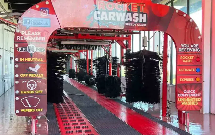 Entrance to Rocket Carwash tunnel.