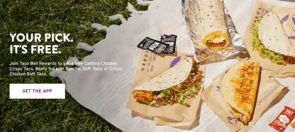 Taco Bell food on picnic blanket with sauce packets.