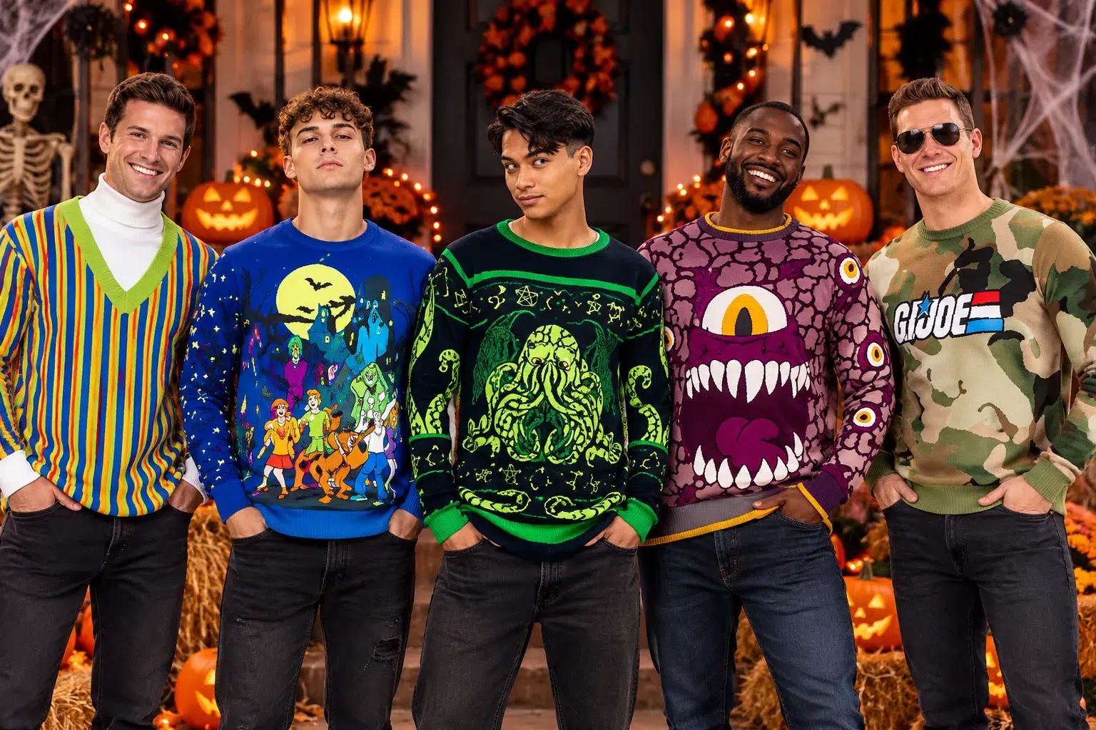 Adults wearing funny ugly Halloween sweaters Adults wearing funny ugly Halloween sweaters
