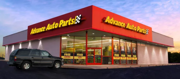 Advance Auto Parts store exterior at sunset.