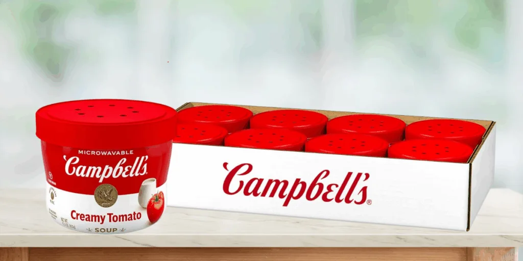 Campbell's microwavable creamy tomato soup in packaging.