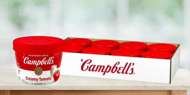 Campbell's microwavable creamy tomato soup in packaging.