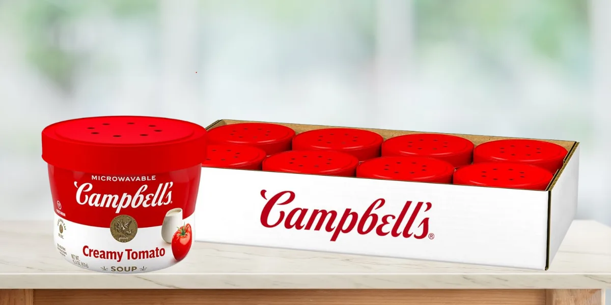 Campbell's microwavable creamy tomato soup in packaging.