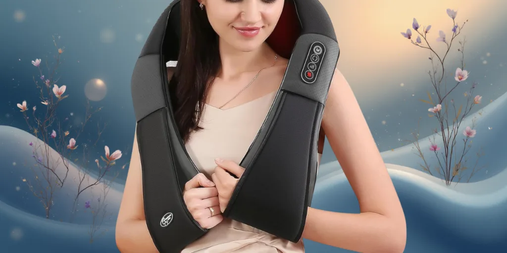 Woman using neck massager with floral background