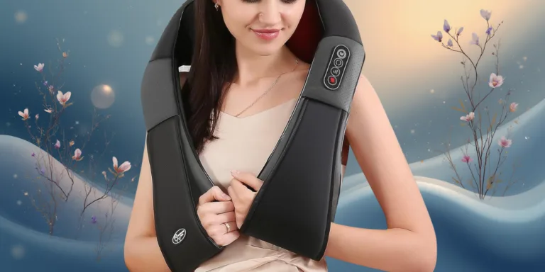 Woman using neck massager with floral background