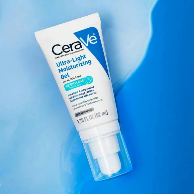 CeraVe Ultra-Light Moisturizing Gel on blue background.