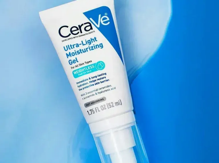 CeraVe Ultra-Light Moisturizing Gel on blue background.