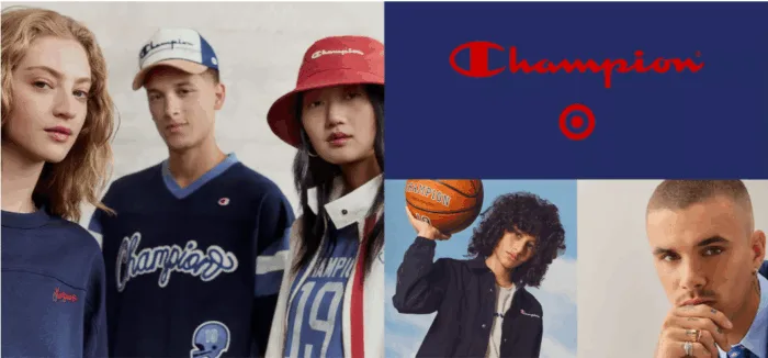 Champion clothing collection with diverse models.