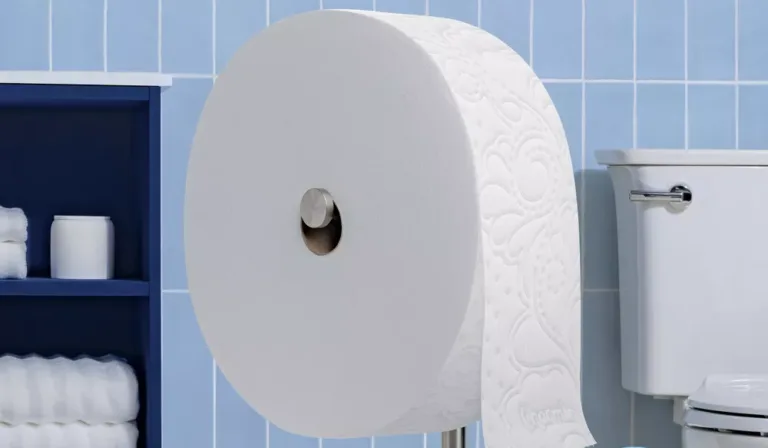 Extra-large toilet paper roll in bathroom.