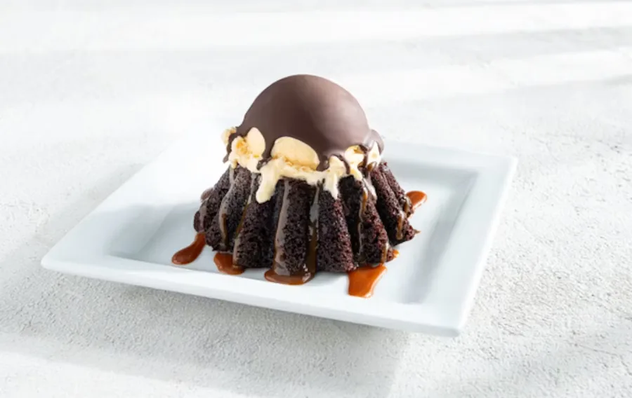 Chocolate lava cake with ice cream and caramel.