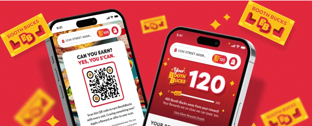 Mobile app screens showing Booth Bucks rewards.