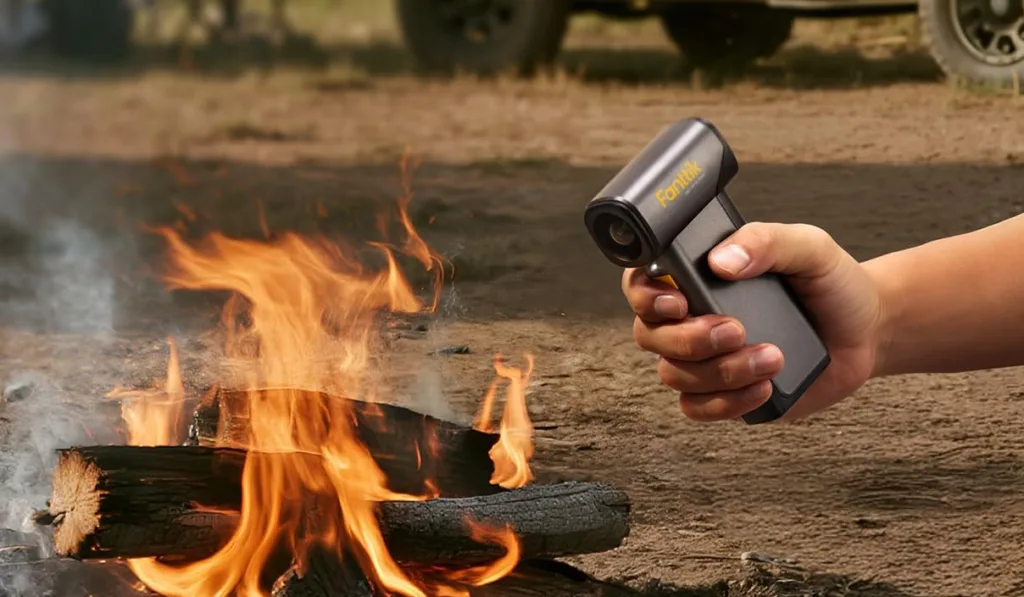 Hand holding handheld fan near campfire