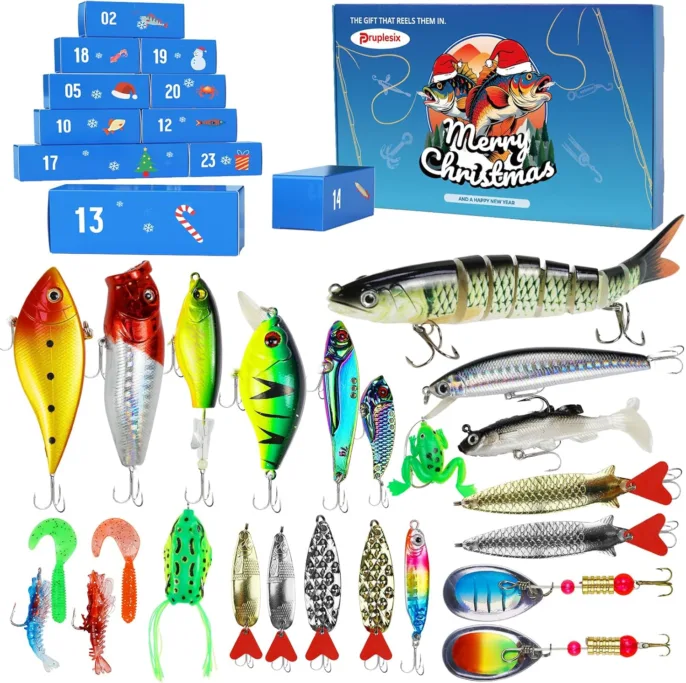 Fishing lures Christmas gift box with hooks and accessories.