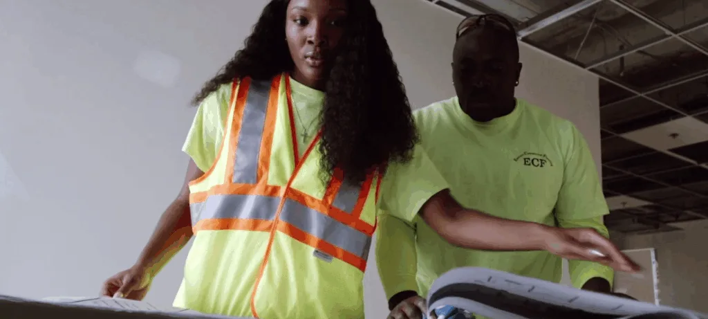 Construction workers reviewing blueprints indoors.