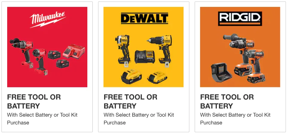 Free tool or battery with purchase promotion.