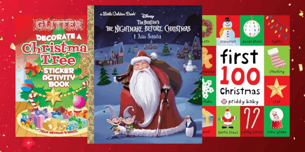 Christmas books including 'The Nightmare Before Christmas'.